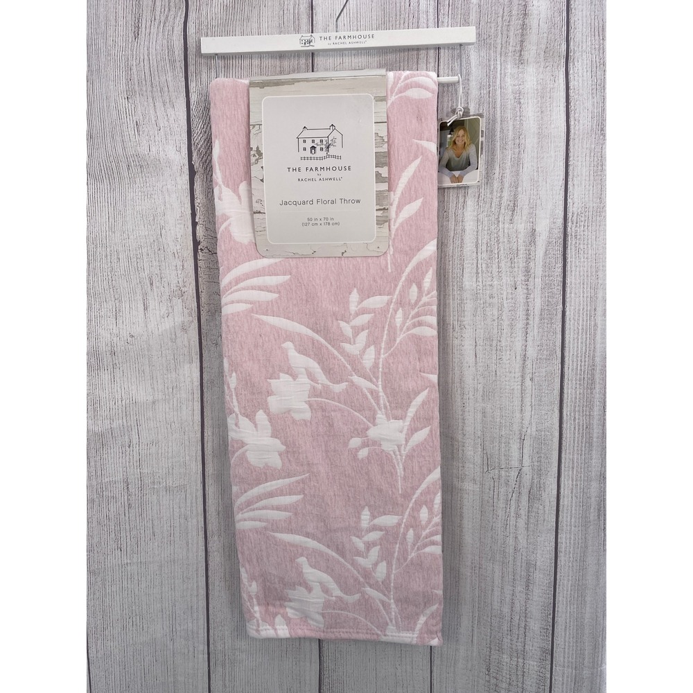 Rachel Ashwell Throw Blanket 50x70 Pink White Jacquard Floral Shabby Chic Bird